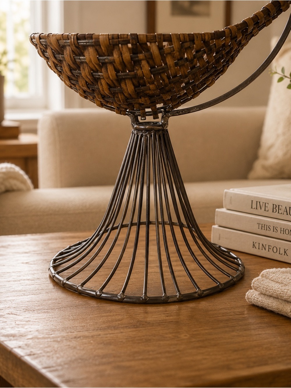 Woven Rattan Wrought Iron Fruit Basket Pedestal Stand Centerpiece MCM Boho - Picture 6 of 7